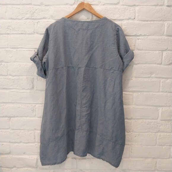 Vasna Italian 100% Linen Lagenlook Dress Large Pullover Pockets Blue Beach - Picture 4 of 9